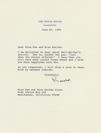 Lot #158 Ronald Reagan: ?I am delighted to hear about Dell-Ah-Dee?s arrival. She is, pardon the pun, ?just what the doctor ordered!? - Image 2