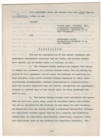 Lot #1199 Montgomery Clift: Expansive 1952 contract between Clift and Warner Bros. - Image 2