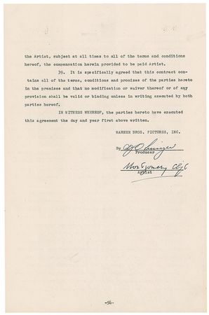 Lot #1199 Montgomery Clift: Expansive 1952 contract between Clift and Warner Bros. - Image 1