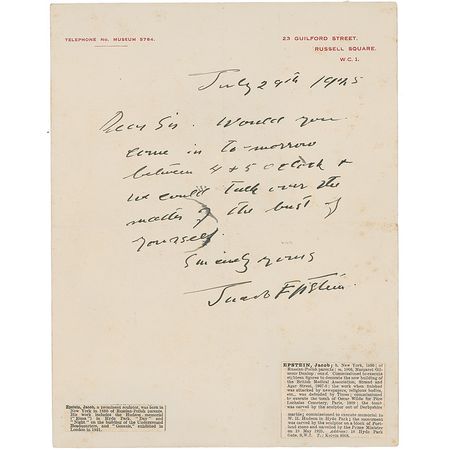 Lot #698 Jacob Epstein Handwritten Letter Signed - Image 1
