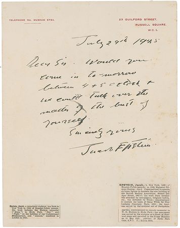 Lot #698 Jacob Epstein Handwritten Letter Signed - Image 2