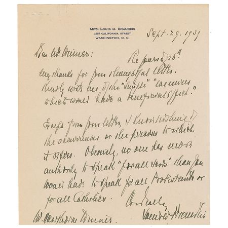 Lot #353 Supreme Court: Louis D. Brandeis: ?Obviously, no one has more authority to speak ?for all Jews? than you would have to speak for all Protestants or for all Catholics? - Image 2