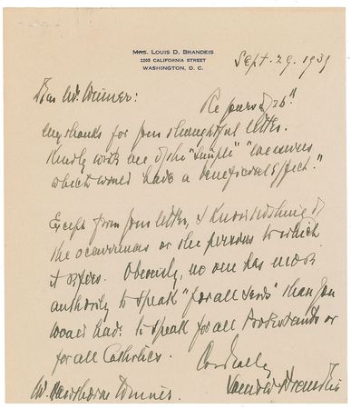 Lot #353 Supreme Court: Louis D. Brandeis: ?Obviously, no one has more authority to speak ?for all Jews? than you would have to speak for all Protestants or for all Catholics? - Image 1