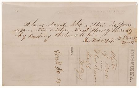 Lot #272 Wyatt Earp Endorsement: The earliest known signed Earp document, an 1870 subpoena from his first role in public office - Image 1