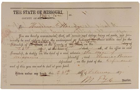 Lot #272 Wyatt Earp Endorsement: The earliest known signed Earp document, an 1870 subpoena from his first role in public office - Image 3