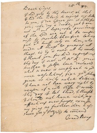 Lot #249 Richard Cromwell: Scarce 1687 Cromwell letter to his daughters in which he dares not sign his name ?by reason of a cold these 5 weeks this day I let blood? - Image 1