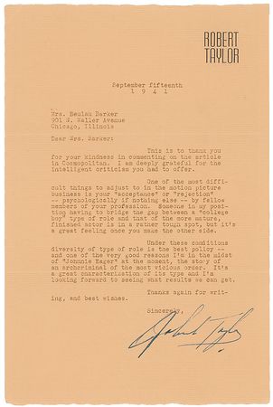 Lot #1185 Robert Taylor: “One of the most difficult things to adjust to in the motion picture business is your ‘acceptance’ or ‘rejection’...by fellow members of your profession” - Image 1