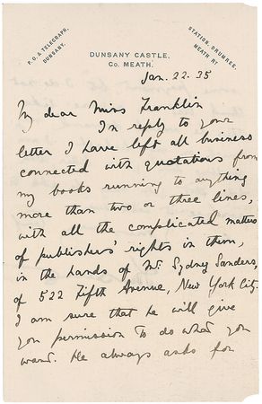 Lot #697 Lord Dunsany: ?I have left all business connected with quotations from my books running to anything more than two or three lines?in the hands of W. Sydney Sanders? - Image 1
