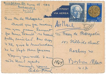 Lot #278 Otto Frank: “Thank you for sending me your poem Lament for Anne Frank” - Image 1