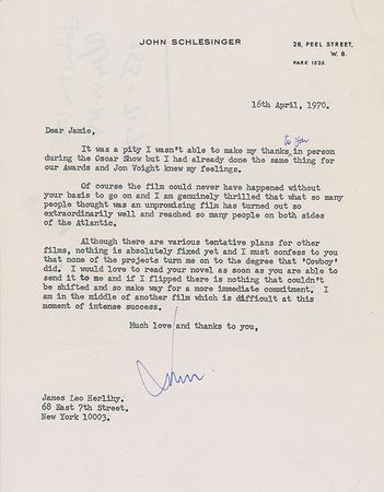 Lot #1181 John Schlesinger: After winning three Oscars, the director of Midnight Cowboy thanks its writer - Image 1