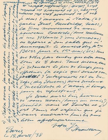 Lot #901 Igor Stravinsky: While at sea, Stravinsky attempts to plan an upcoming performance ?I just sent to Nadia?the III rd movement of my new concerto?in response to her cable which was announcing the concert? - Image 2