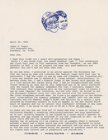 Lot #1431 Spanky McFarland: ?I prevailed in my action against the Minnesota bar that was using my name and likeness? - Image 1