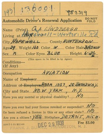 Lot #603 Charles Lindbergh: The famed aviator’s twice-signed 1931 driver’s license application acquired by WOR at the height of the kidnapping frenzy - Image 1