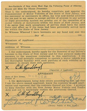 Lot #603 Charles Lindbergh: The famed aviator’s twice-signed 1931 driver’s license application acquired by WOR at the height of the kidnapping frenzy - Image 2