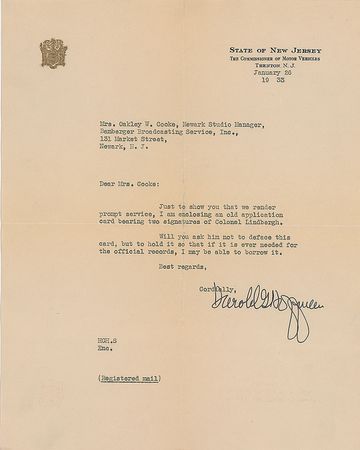 Lot #603 Charles Lindbergh: The famed aviator’s twice-signed 1931 driver’s license application acquired by WOR at the height of the kidnapping frenzy - Image 3