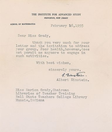 Lot #274 Albert Einstein: Einstein declines a Ball State speaking invitation - Image 1