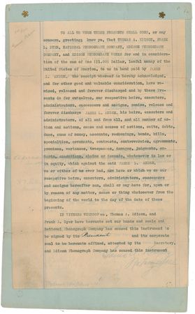 Lot #271 Thomas Edison: Ending years of legal conflict, Edison drops all charges and complaints against the author of A Practical Guide to the Use of the Edison Phonograph - Image 1