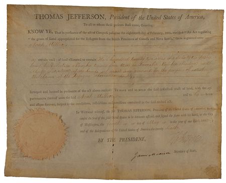 Lot #60 Thomas Jefferson and James Madison: The United States? third and fourth presidents sign a land grant to a Canadian refugee - Image 2