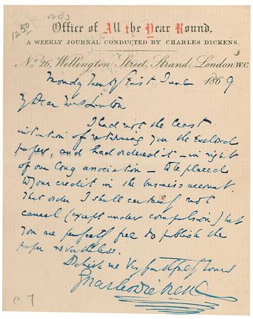 Lot #691. Charles Dickens: Dickens writes to fellow author, and feminist critic, Eliza Lynn Linton