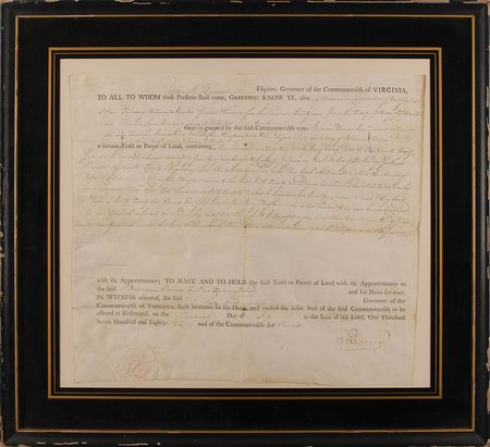 Lot #292 Patrick Henry: Henry grants land to a member of the prominent Harrison family - Image 1