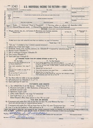 Lot #1634 Ted Williams: Rare tax document signed in full from Williams’s first year of retirement - Image 1