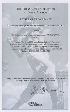 Lot #1634 Ted Williams: Rare tax document signed in full from Williams’s first year of retirement - Image 2