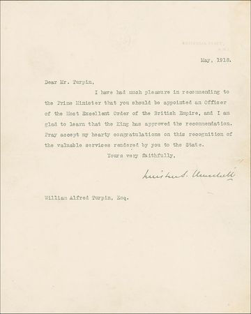 Lot #242 Winston Churchill and King Edward VIII: World War I-dated archive including a congratulatory Churchill letter and an Edward, Prince of Wales, Order of the British Empire presentation - Image 1