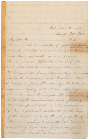 Lot #470 Abner Doubleday: ?The Charlestonians are surrounding us with batteries on every point,? writes the Union general from Fort Sumter in January 1861: ?If war must come let the people rise in their might and maintain the integrity of the Union? - Image 1