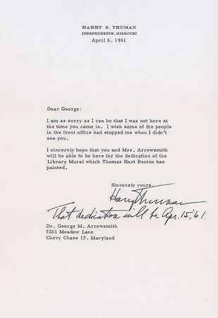 Lot #146 Harry S. Truman: Truman sends an invitation to “the dedication of the Library Mural which Thomas Hart Benton has painted” - Image 1