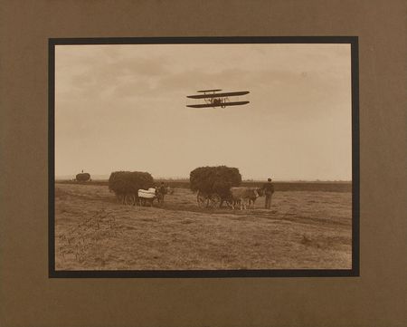 Lot #643 Wilbur and Orville Wright: Stunning image of the brothers’ flight over the fields of Pau, inscribed to one of the first Wright-trained pilots in 1909 - Image 1