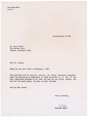 Lot #219 Menachim Begin: Begin on terrorism: “It is one of the most complicated problems of our time...One day, we shall overcome” - Image 2