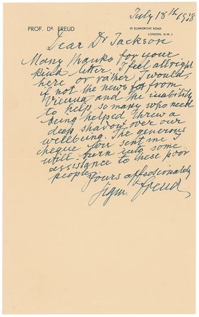 Lot #281 Sigmund Freud: Freud escapes to London as the Nazis? grasp takes hold of his sisters: ?the news from Vienna and the inability to help so many who need being helped threw a deep shadow over our well being? - Image 1