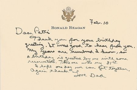 Lot #108 Ronald Reagan: Reminding his estranged daughter of his mortality, Reagan sends a revealing letter to Patti: ?My years are numbered I know? - Image 1