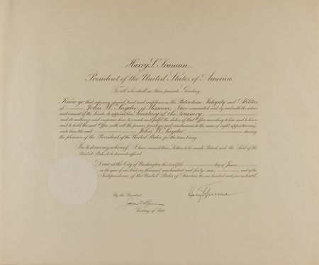 Lot #152 Harry S. Truman: A rare presidential cabinet appointment as Truman appoints his longtime friend John Snyder as Secretary of the Treasury - Image 1