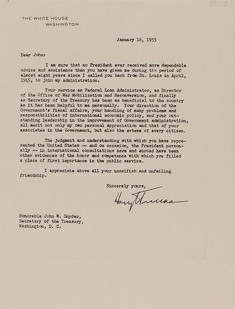 Lot #152 Harry S. Truman: A rare presidential cabinet appointment as Truman appoints his longtime friend John Snyder as Secretary of the Treasury - Image 2