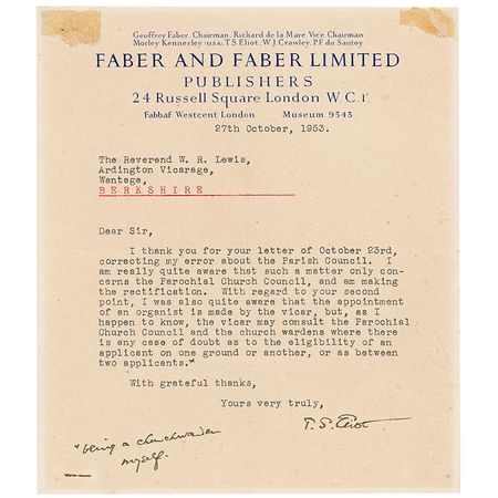 Lot #787 T. S. Eliot: ?I was also quite aware that the appointment of an organist is made by the vicar?being a church warden myself? - Image 1