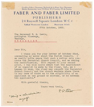 Lot #787 T. S. Eliot: ?I was also quite aware that the appointment of an organist is made by the vicar?being a church warden myself? - Image 2
