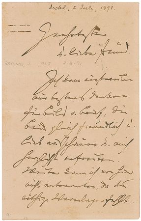 Lot #937 Johannes Brahms: Brahms confesses to lacking the ?necessary inspiring spark,? but promises to ?work over? a manuscript upon return to Vienna - Image 3