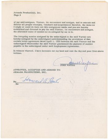 Lot #1222 John Wayne: Prior to starting The Alamo, Wayne gets his finances in order with Warner Bros. - Image 1