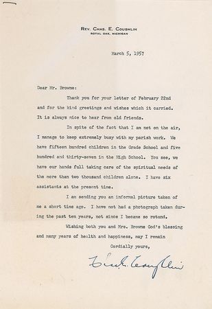 Lot #408 Father Charles E. Coughlin Signed Photograph and Typed Letter Signed - Image 3