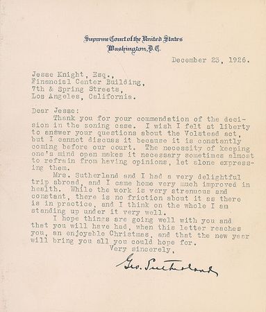 Lot #379 Supreme Court: George Sutherland: “I wish I felt at liberty to answer your questions about the Volstead act” - Image 2