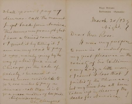 Lot #767 Samuel L. Clemens: “It is much more creditable to go 8,000 miles to pay a dinner-call than it is to go a mere matter of 600 yards” - Image 1