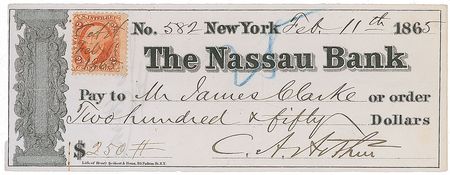 Lot #3 Chester A. Arthur Check