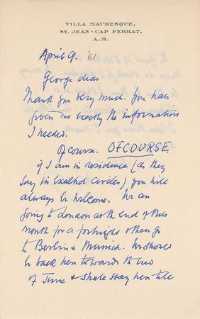 Lot #838 W. Somerset Maugham: Despite a travel schedule that could turn him into a “tottering imbecile,” Maugham makes plans with Cukor - Image 3