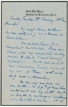 Lot #779. Charles Dickens: Dickens agrees to speak at the anniversary dinner of the Artists&rsquo; General Benevolent Fund &ldquo;and do my best for them but as a duty and a pleasure&rdquo;