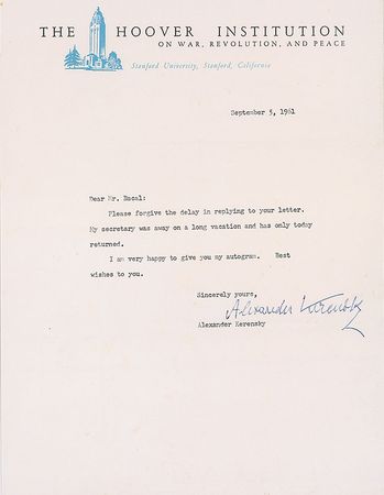 Lot #441 Alexander Kerensky Signed Photograph and Typed Letter Signed - Image 1
