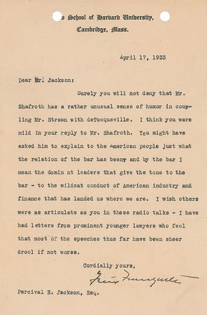 Lot #372 Supreme Court: Felix Frankfurter: ?The wildcat conduct of American industry and finance that has landed us where we are? - Image 2
