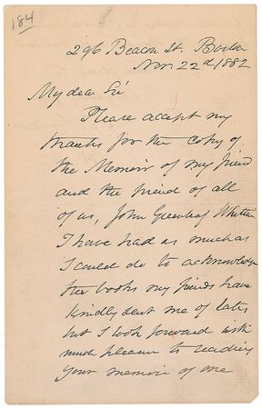 Lot #801 Oliver Wendell Holmes, Sr: “Please accept my thanks for the copy of the Memoir of my friend and the friend of all of us, John Greenleaf Whittier” - Image 2