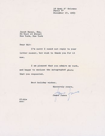 Lot #811 James Jones Signed Photograph and Typed Letter Signed - Image 1