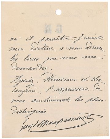 Lot #777 Guy de Maupassant Handwritten Letter Signed - Image 1